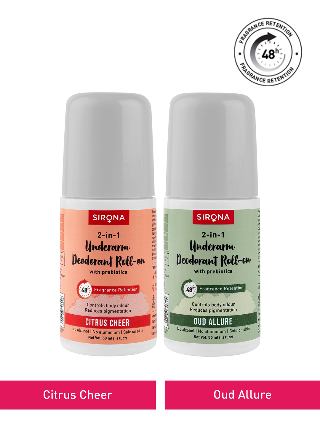 Sirona Set of 2 2-in-1 Underarm Roll On Deodorants with Prebiotics 50 ml Each-  Citrus Cheer + Oud Allure