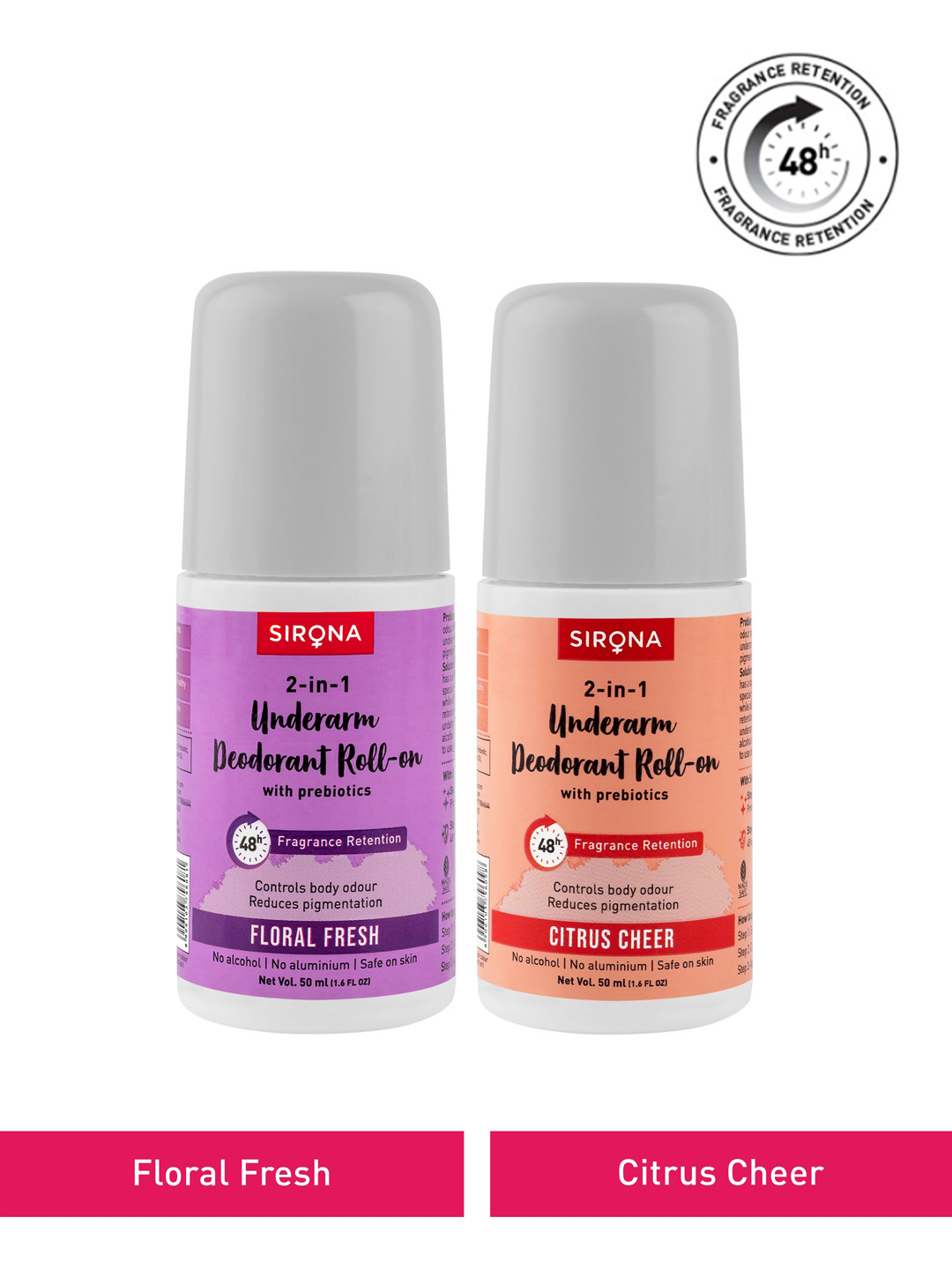 Sirona Set of 2 2-in-1 Underarm Roll On Deodorants with Prebiotics 50 ml Each-  Floral Fresh + Citrus Cheer