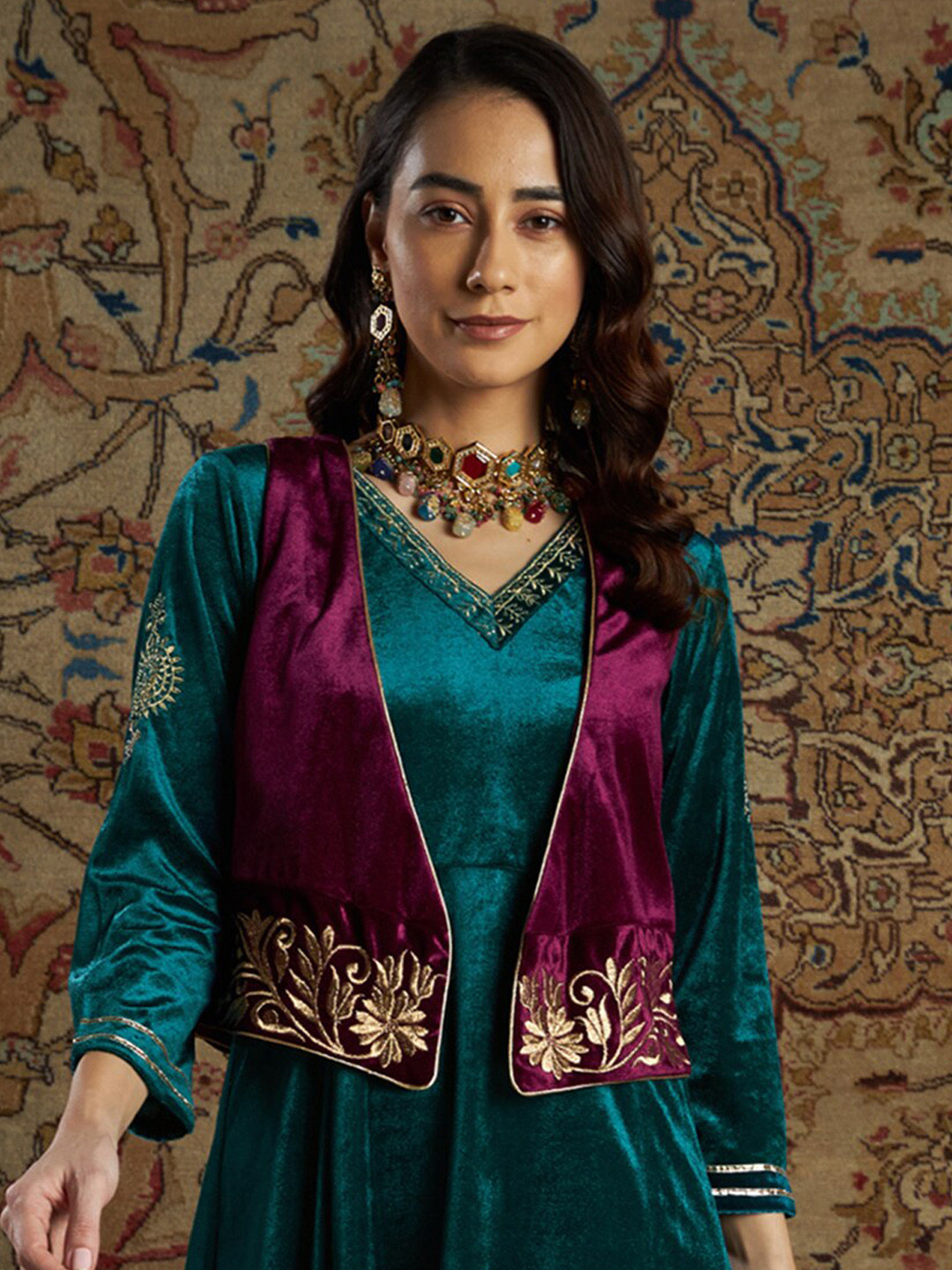 Shae by SASSAFRAS Women Burgundy Embroidered Velvet Waistcoat