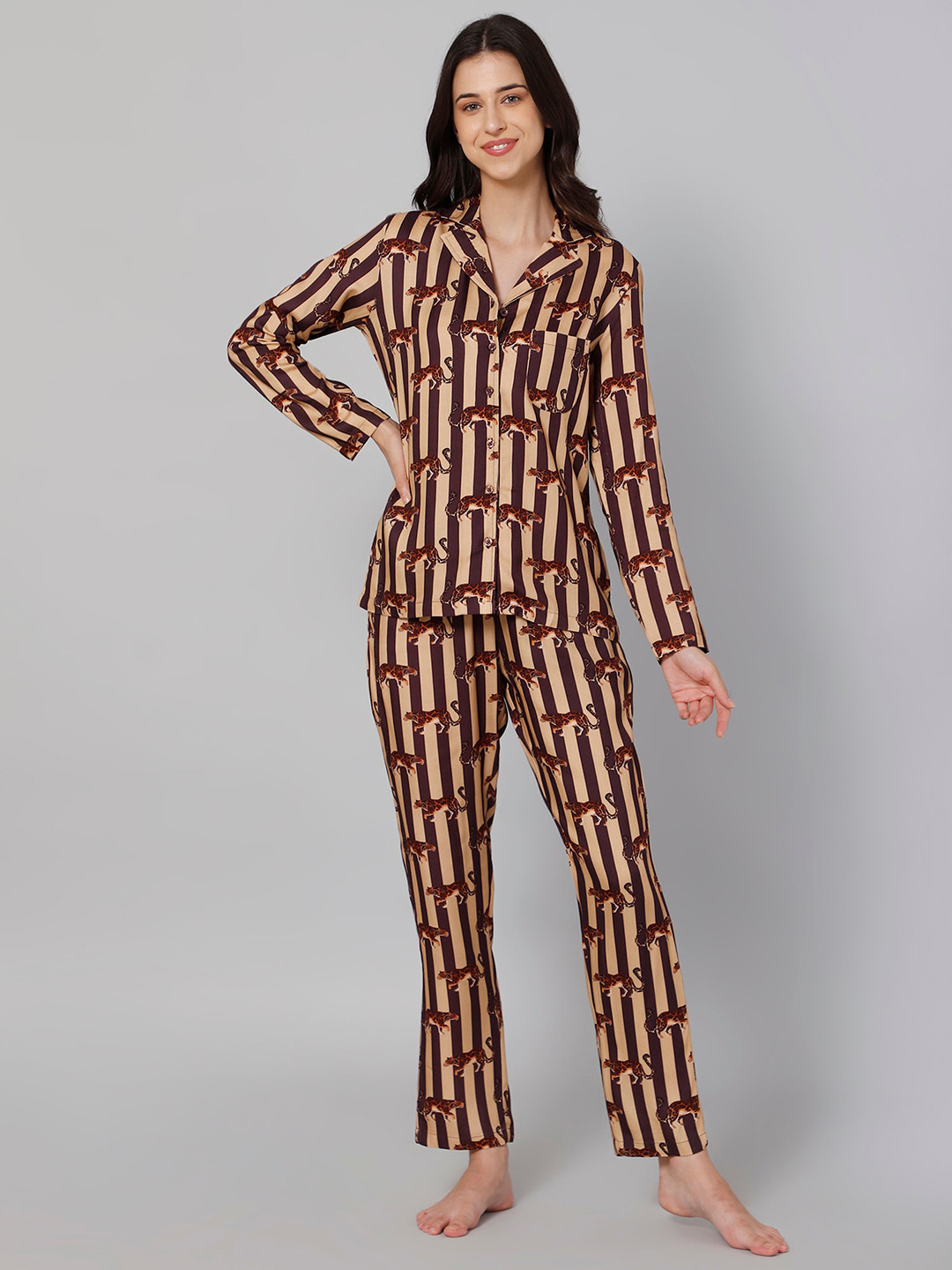 DRAPE IN VOGUE Women Brown & Beige Striped Night suit