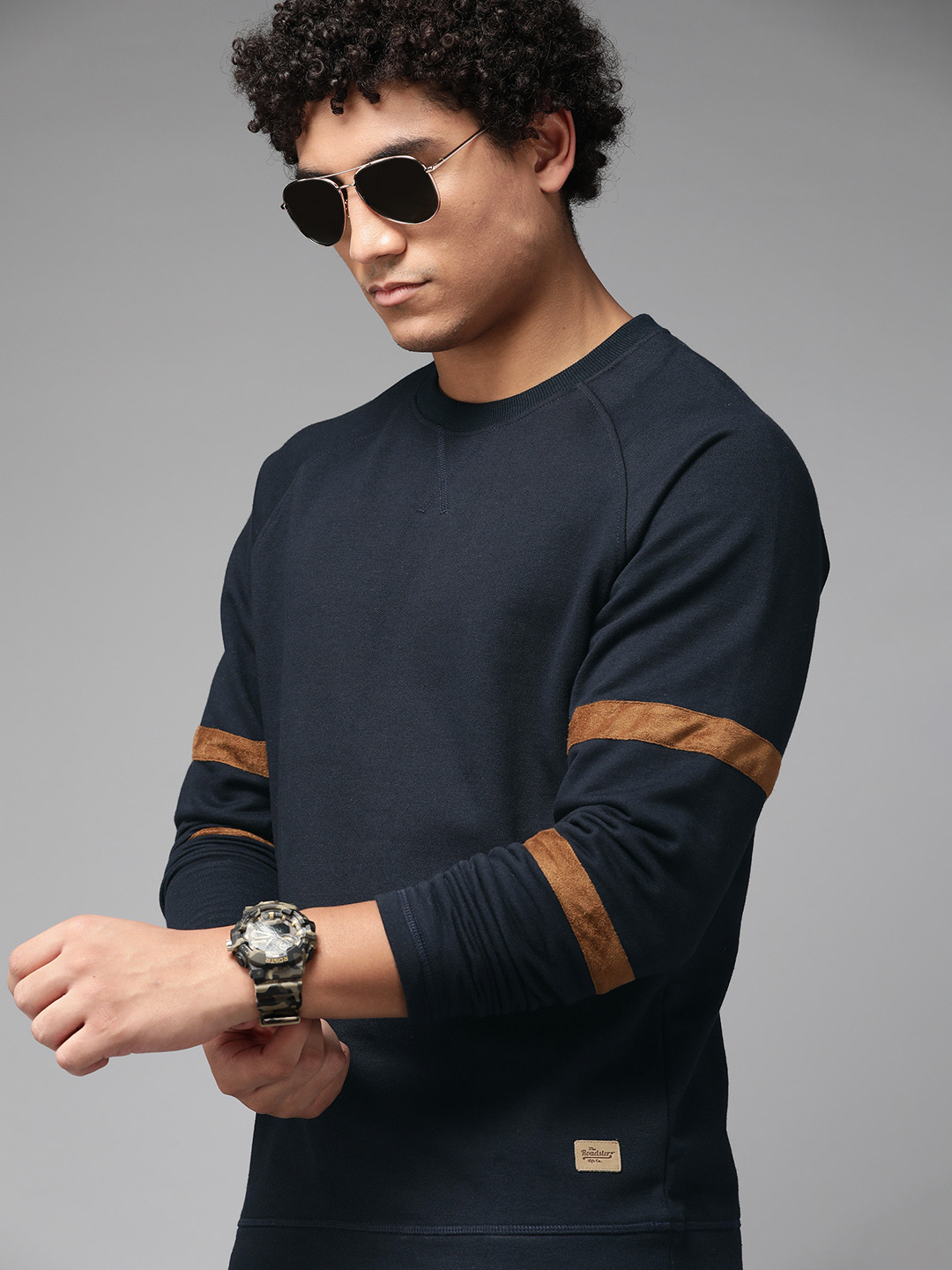 The Roadster Lifestyle Co. Navy Blue Solid Stripes Detail Raglan Sleeves Sweatshirt