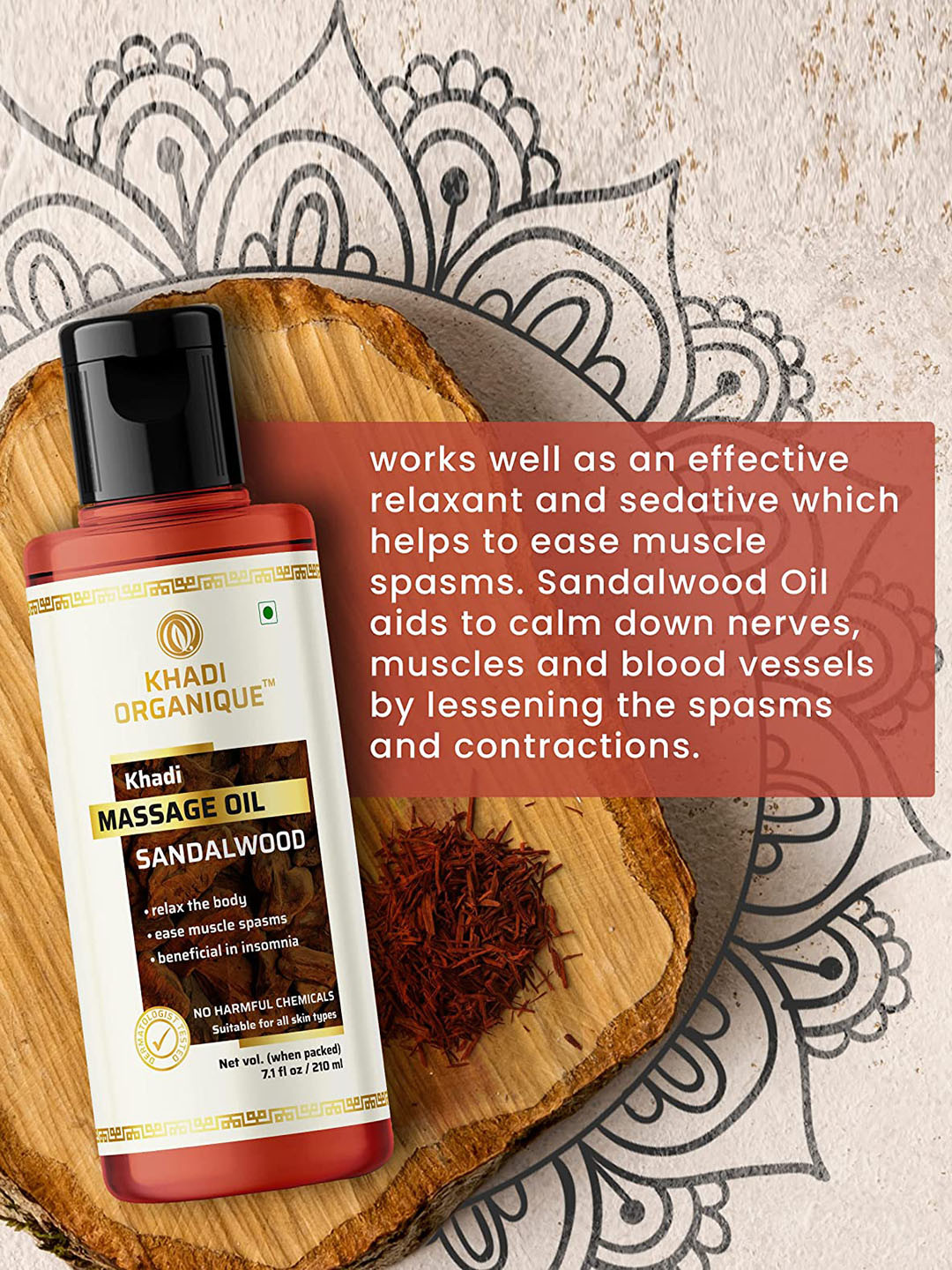 Khadi Organique Sandalwood Massage Oil to Repair Skin Tissues - 210 ml