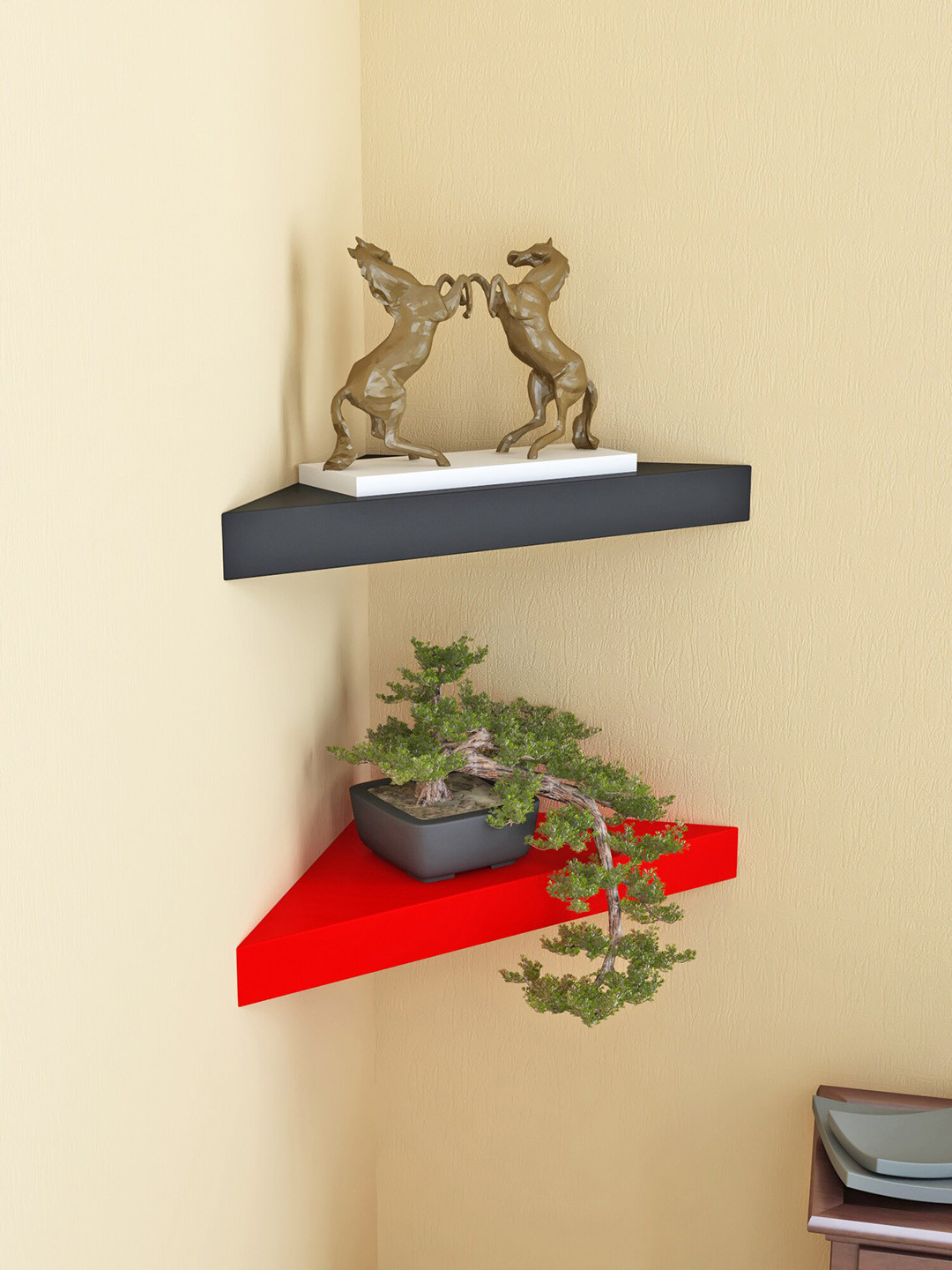Home Sparkle Black & Red Wood Corner Wall Shelf