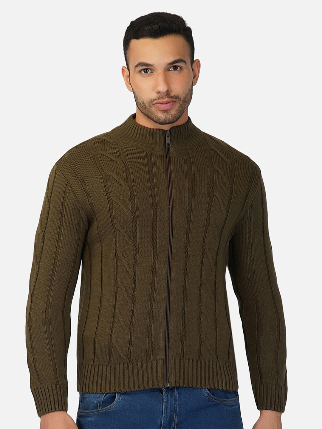 JoE Hazel Men Khaki Cable Knit Striped Cardigan