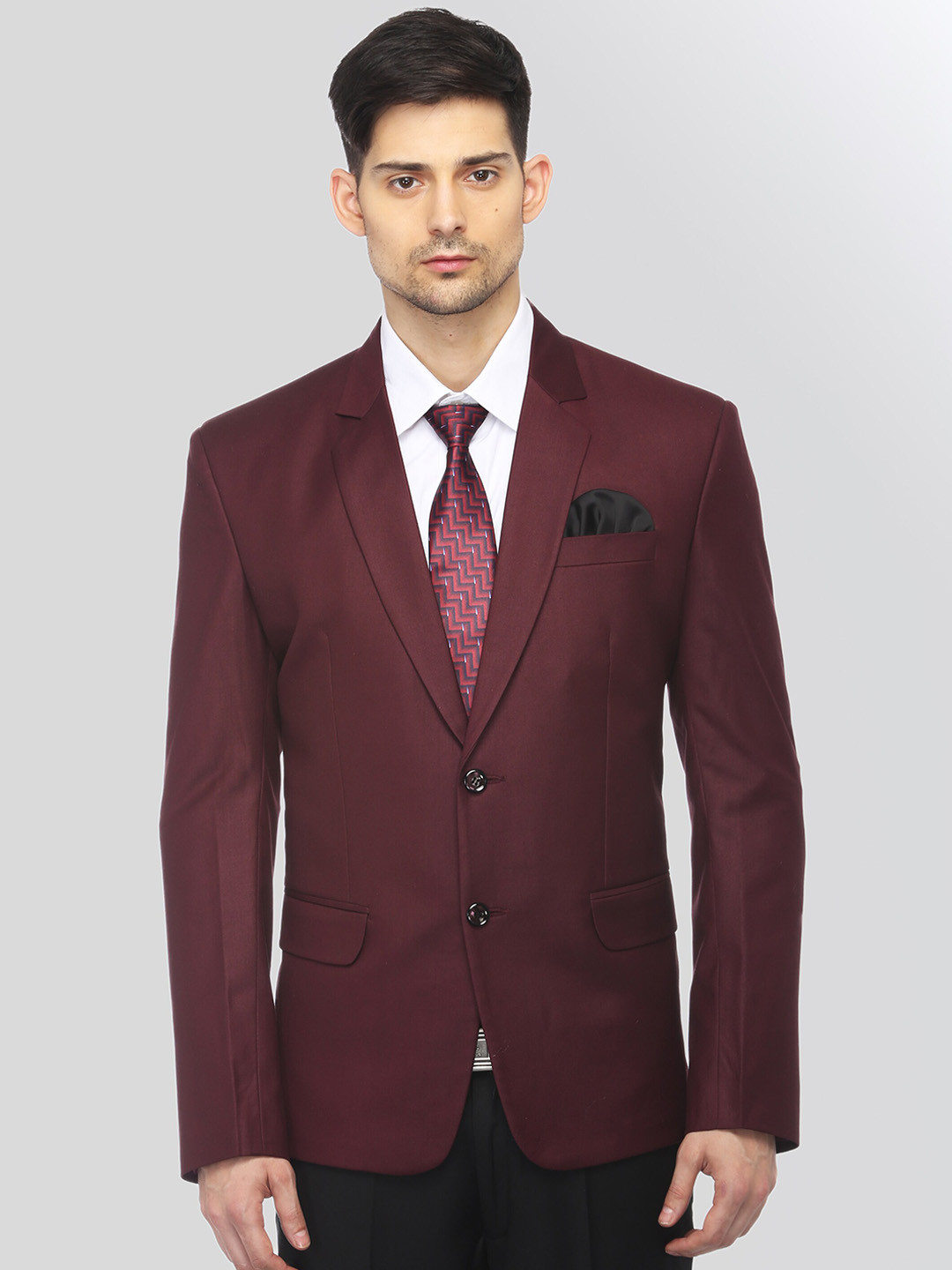 FAVOROSKI Men Burgundy Solid Slim-Fit Single-Breasted Formal Blazer