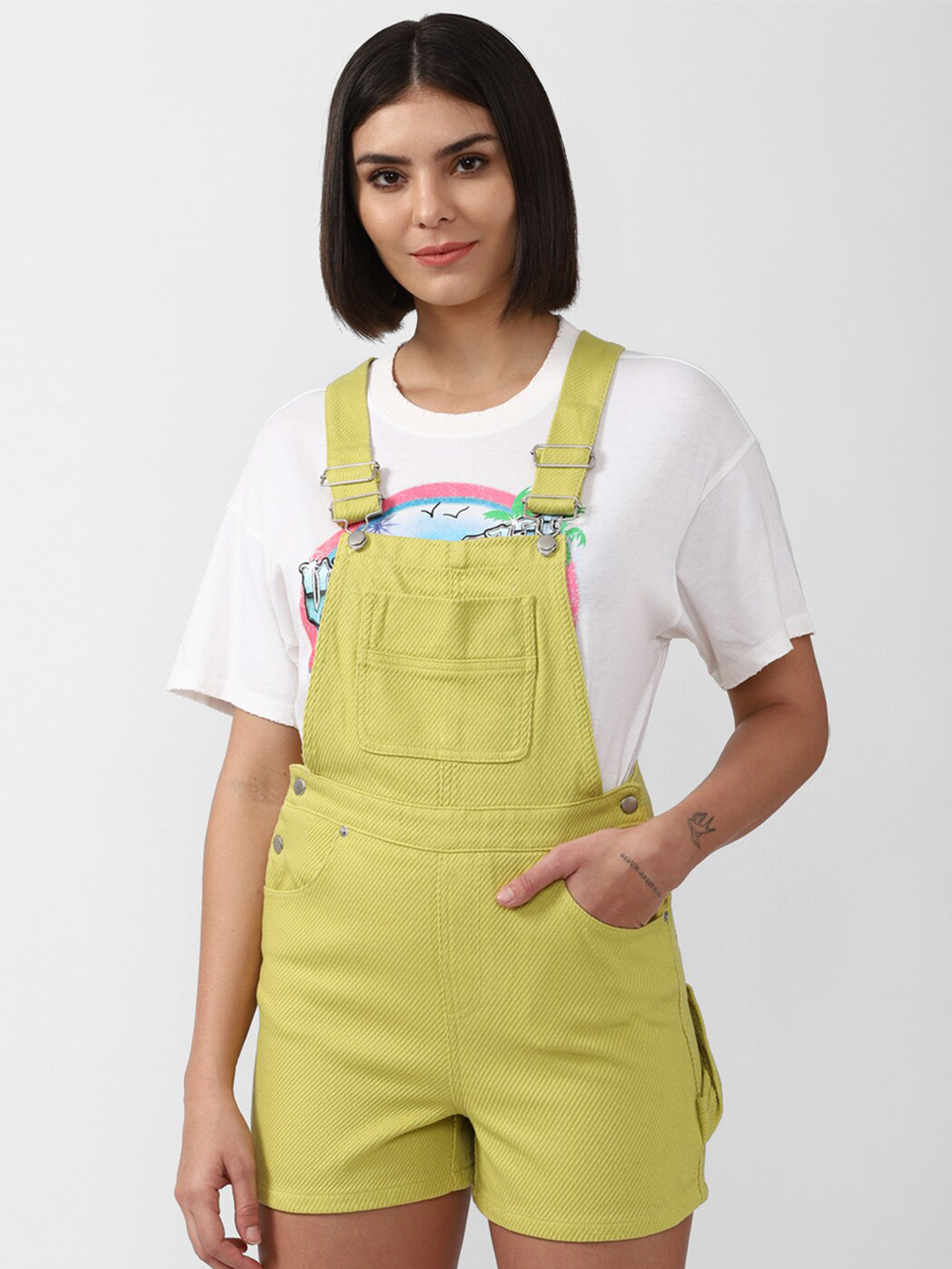 FOREVER 21 Women Green Solid Cotton Slim Fit Short Dungarees