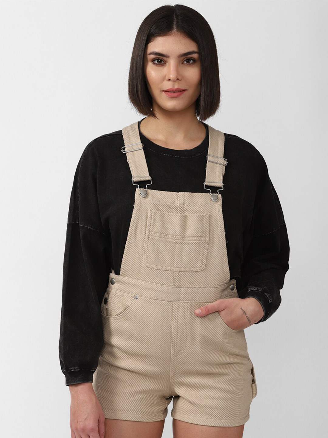 FOREVER 21 Women Beige Solid Cotton Slim Fit Short Dungarees