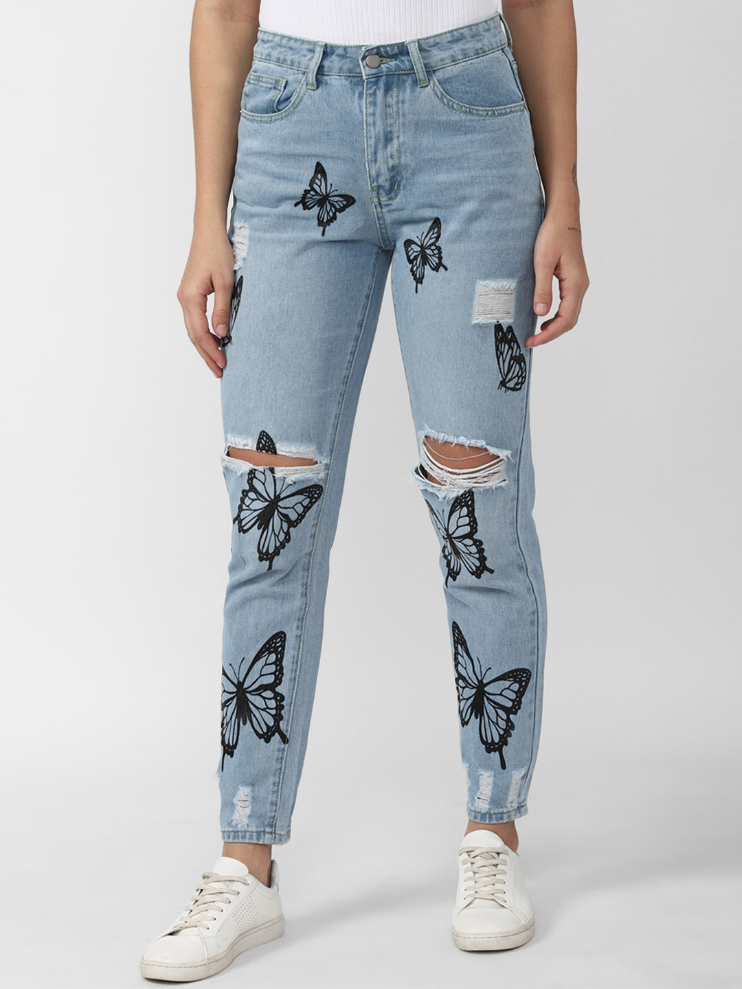 FOREVER 21 Women Blue Highly Distressed Heavy Fade Printed Jeans