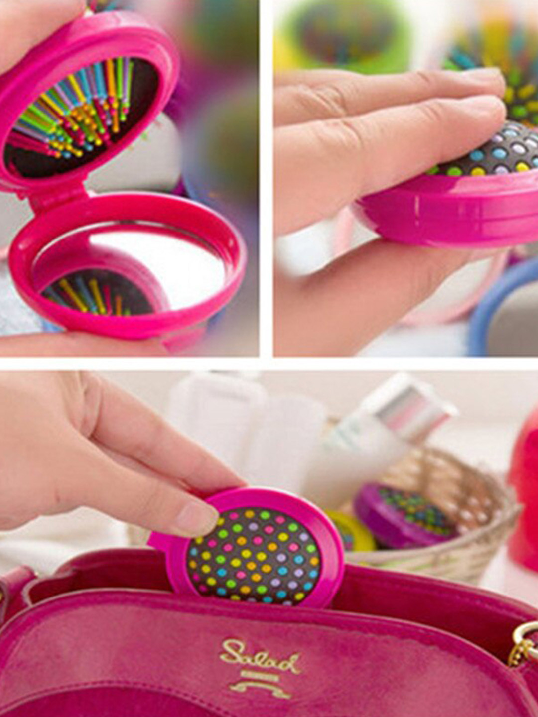 Alexvyan Round Mini Travel Hair Comb with Make-Up Mirror Folding Pocket - Pink