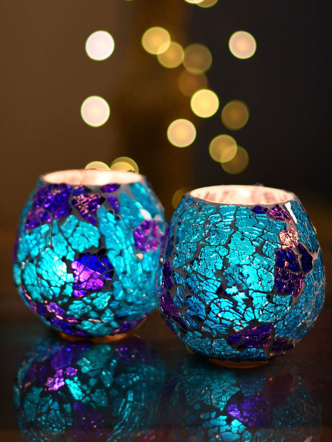 Homesake Set of 2 Turquoise Blue & White Textured Crystal Butterfly Decorative Glass Candle Holder