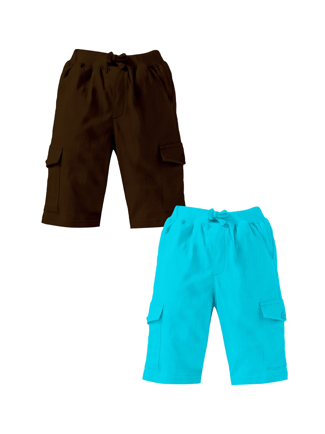 KiddoPanti Boys Pack Of 2 Coffee Brown & Turquoise Blue High-Rise Cargo Shorts