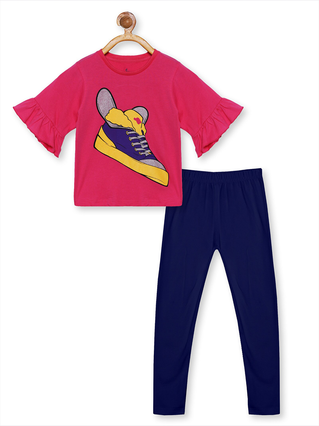 KiddoPanti Girls Pink & Navy Blue Printed Pure Cotton T-shirt with Leggings