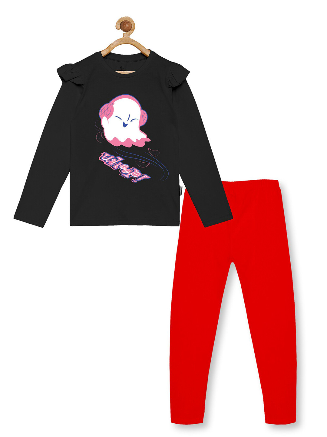 KiddoPanti Girls Black & Red Printed Pure Cotton T-shirt with Leggings