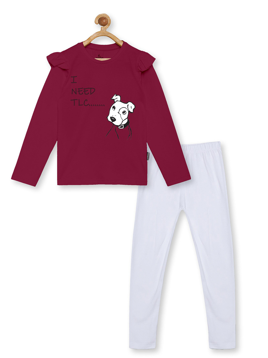 KiddoPanti Girls Burgundy & White Printed Pure Cotton T-shirt with Leggings