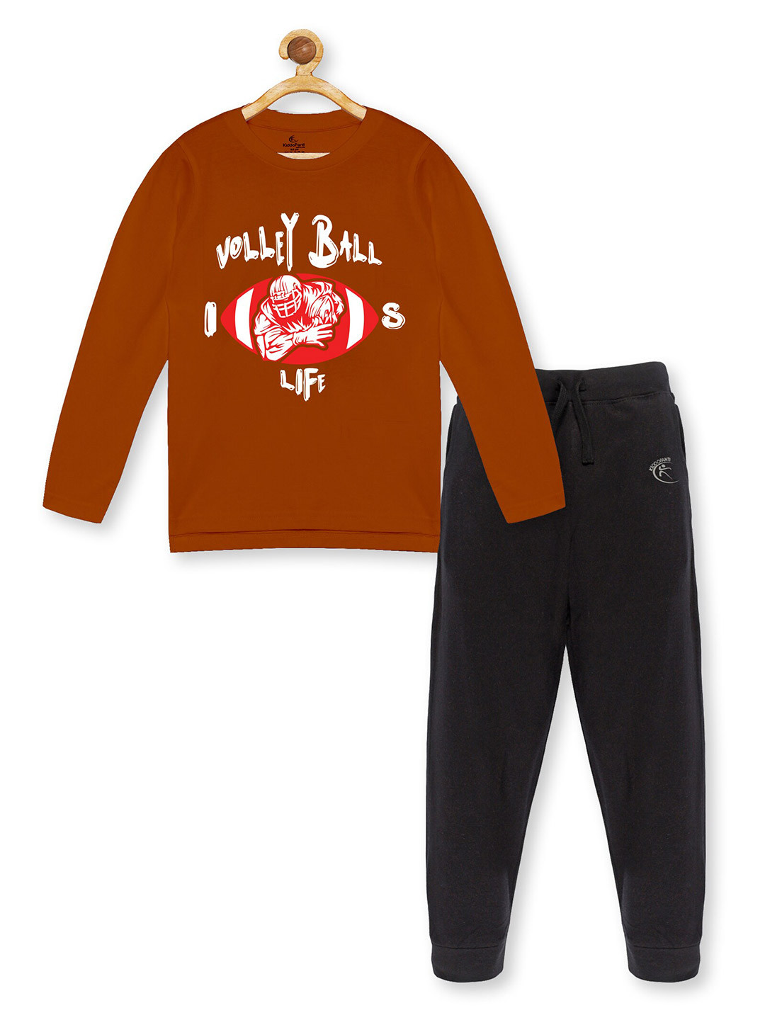 KiddoPanti Boys Rust & Black Printed Pure Cotton T-shirt with Trousers