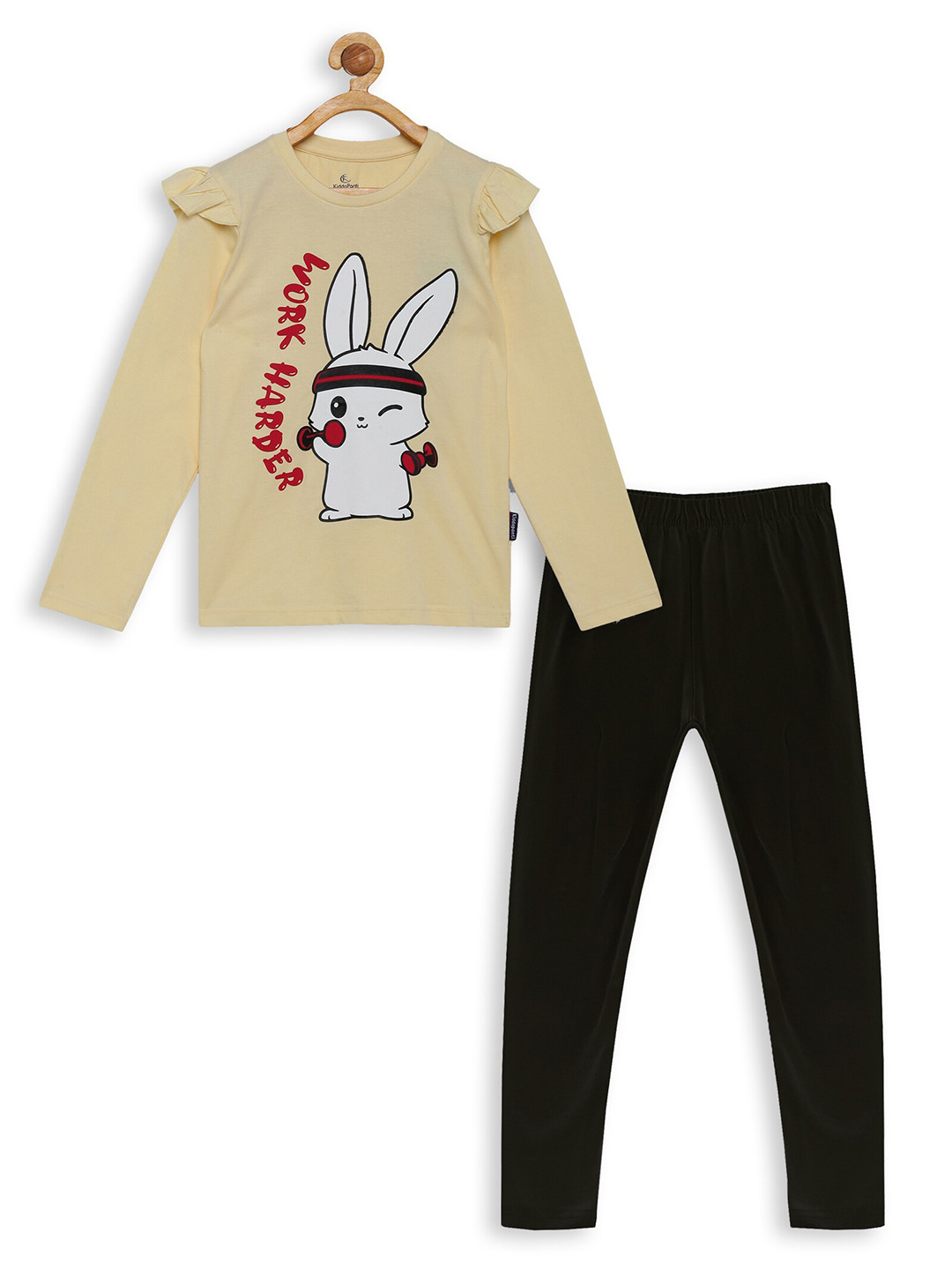 KiddoPanti Girls Cream-Coloured & Black Printed T-shirt with Leggings
