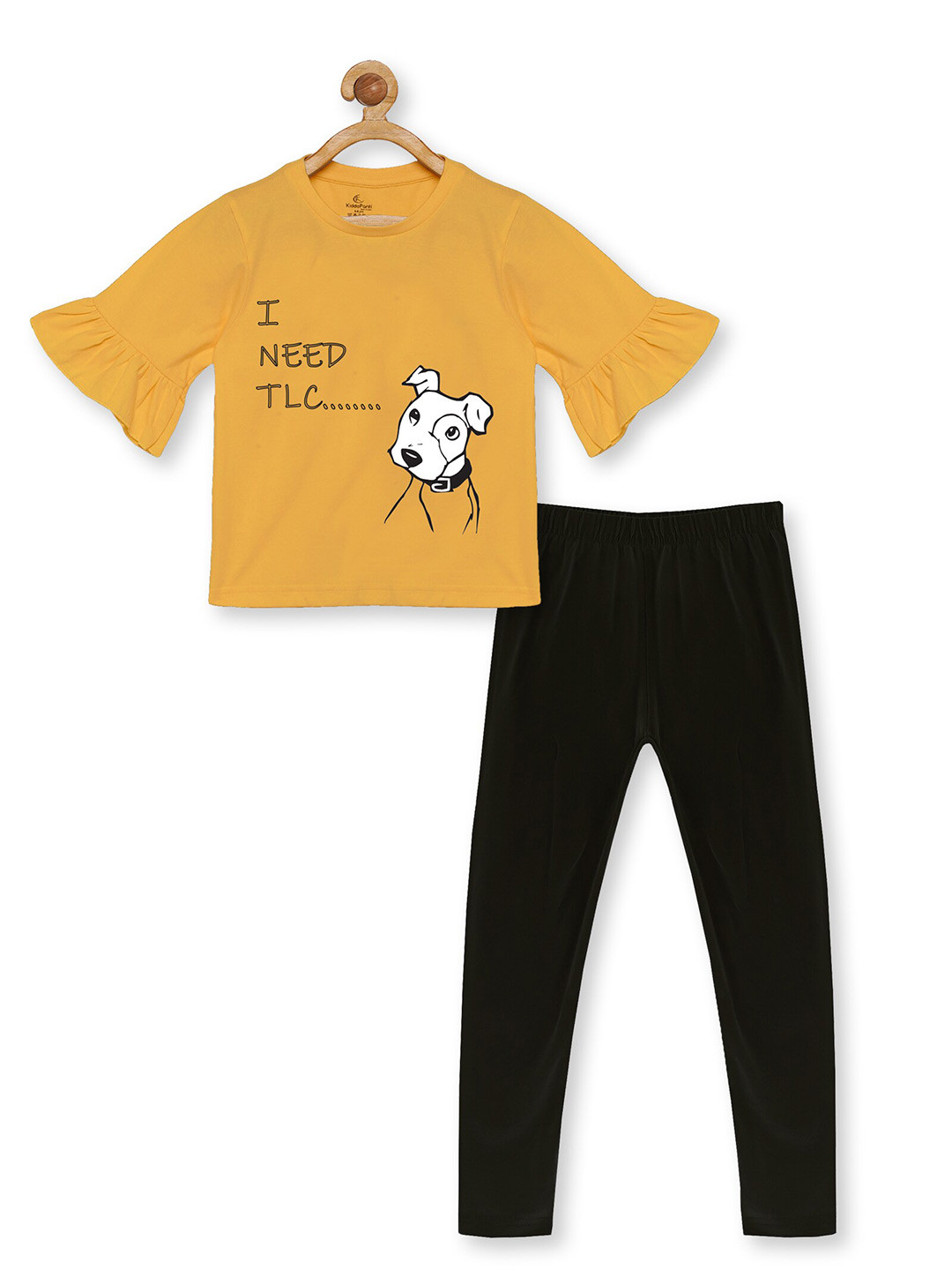 KiddoPanti Girls Orange & Black Printed Pure Cotton T-shirt with Leggings