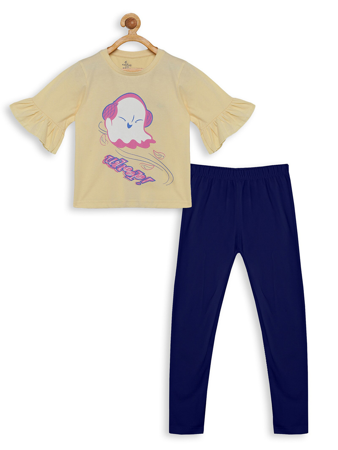 KiddoPanti Girls Cream-Coloured & Navy Blue Printed Pure Cotton T-shirt with Leggings