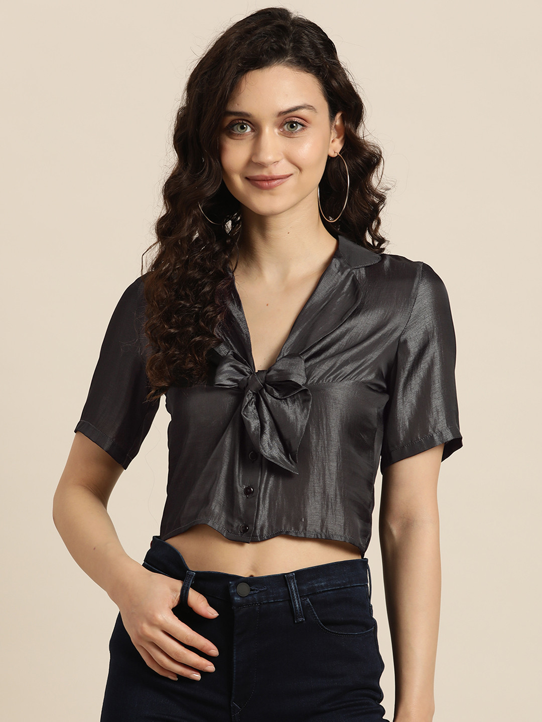 Qurvii Women Grey Shirt Style Crop Top with Bow Detail