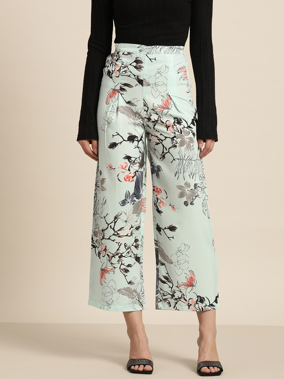 Qurvii Women Sea Green Floral Printed Cropped Palazzos