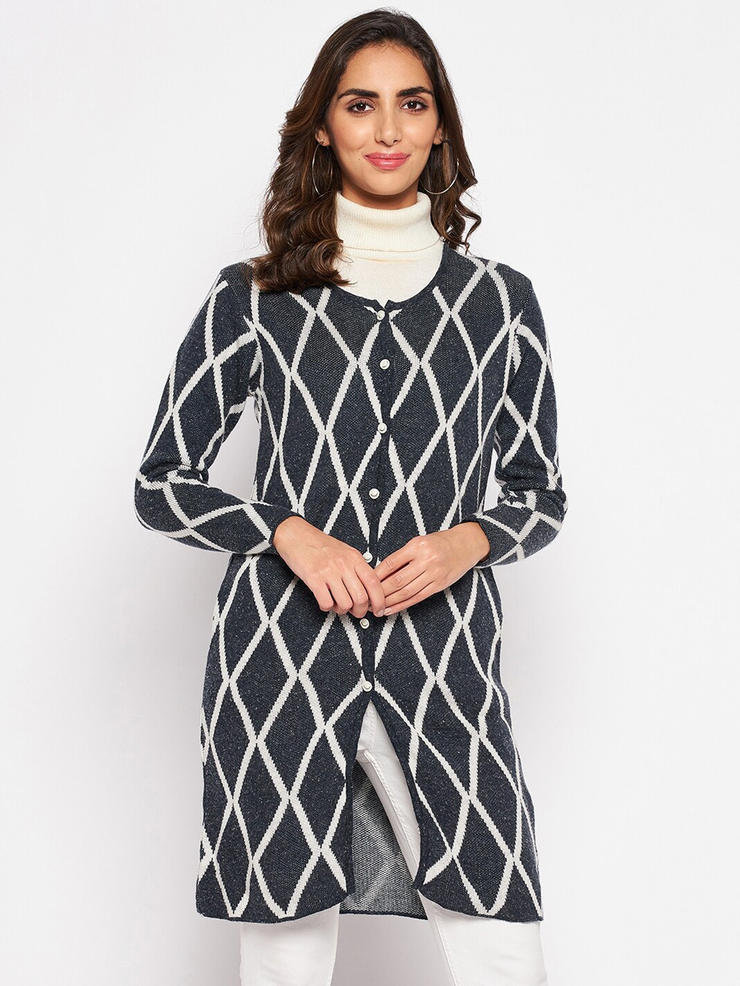 Crozo By Cantabil Women Grey & White Checked Longline Wool Cardigan