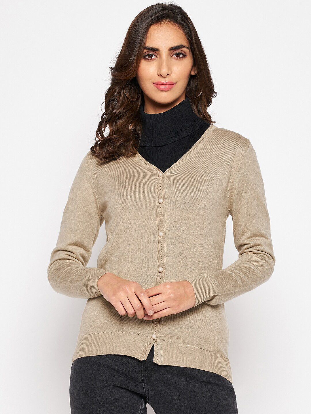 Crozo By Cantabil Women Beige Acrylic Cardigan
