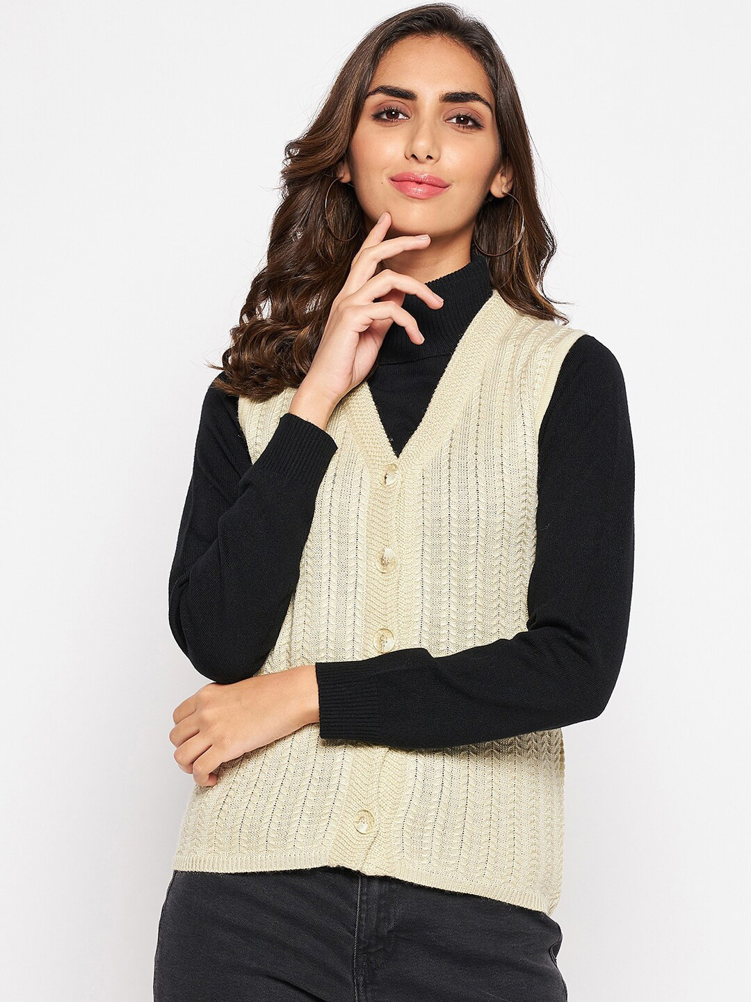 Crozo By Cantabil Women Wool Beige Cable Knit Cardigan