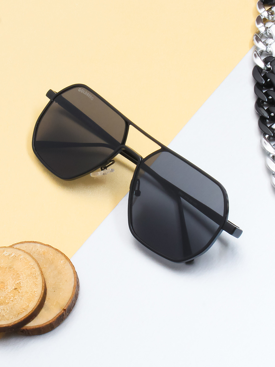 Gold Berg Black Lens & Square Sunglasses with UV Protected Lens- GB-2641_BLK