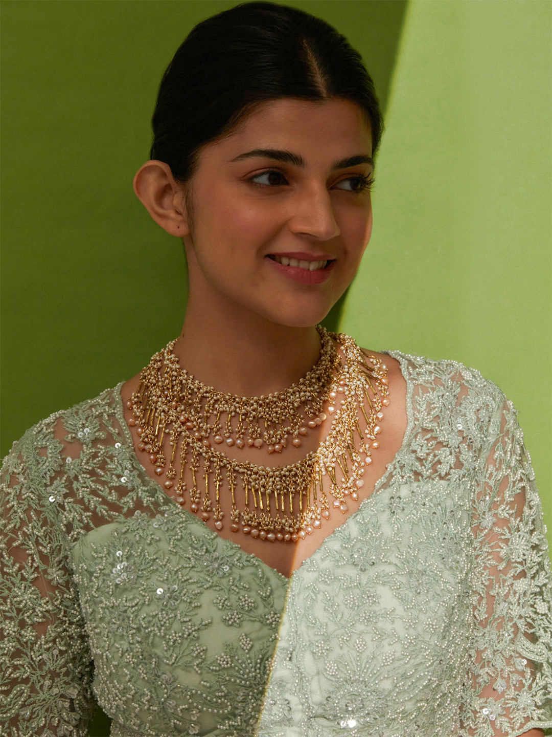 D'oro Peach-Coloured Gold-Plated Layered Necklace