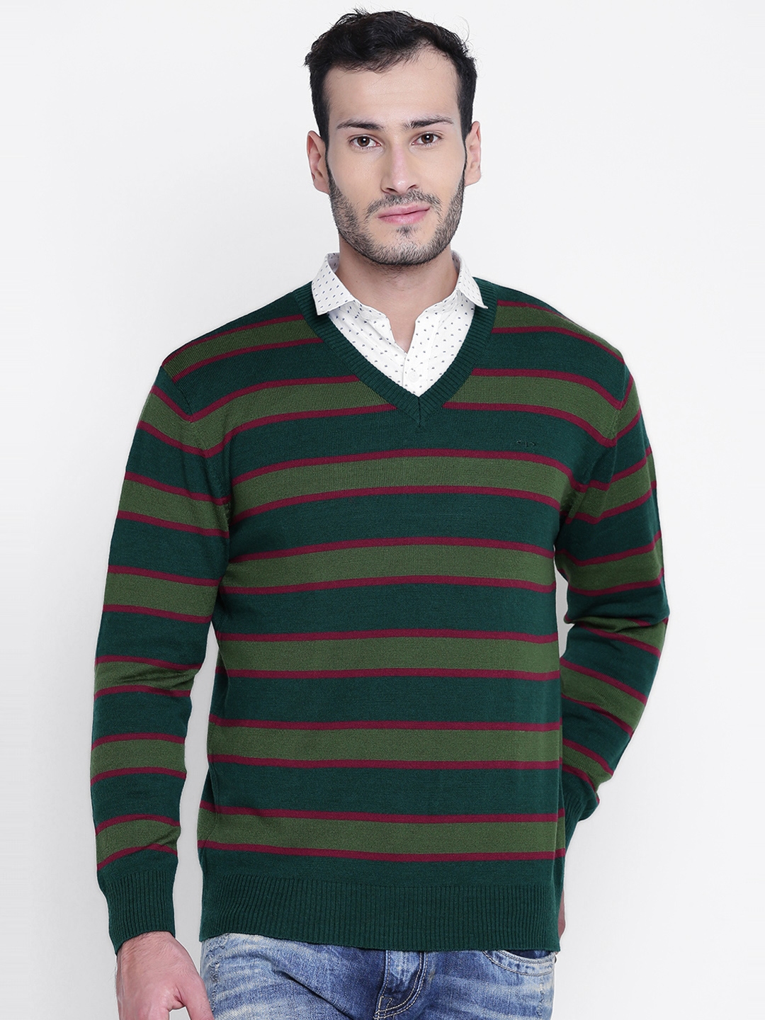ColorPlus Men Green Red Striped Sweater