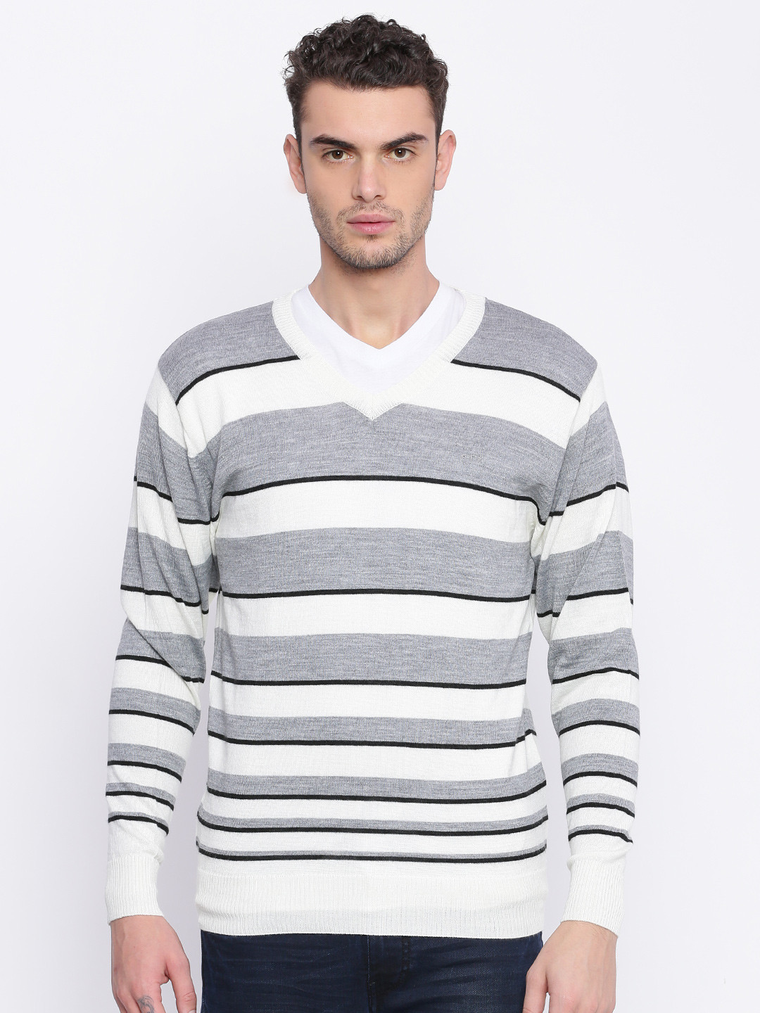 ColorPlus Men Grey & Cream-Coloured Striped Sweater