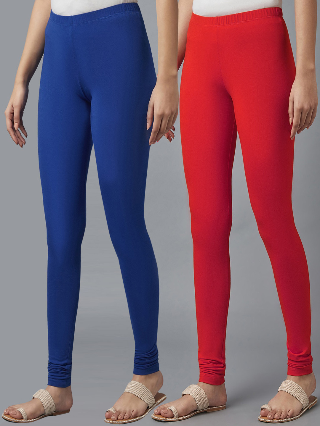 KEX Women Pack Of 2 Red and Blue Solid Churidar-Length Cotton Leggings
