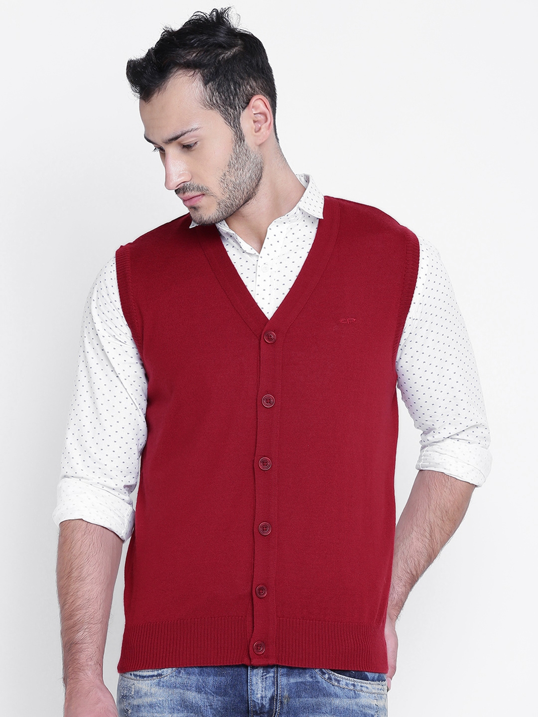ColorPlus Men Red Solid Sleeveless Cardigan