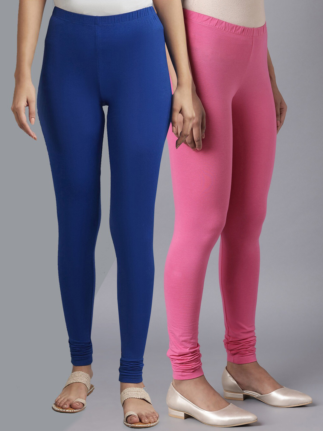 KEX Women Pack Of 2 navy blue and pinkSolid Churidar-Length Cotton Leggings