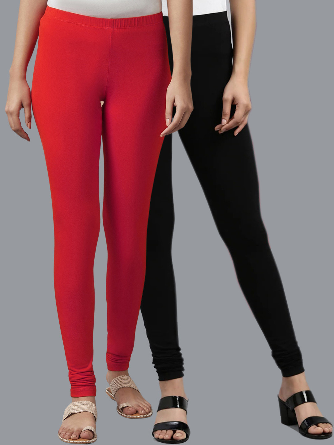 KEX Women Pack Of 2 Black And Red Solid Churidar-Length Cotton Leggings