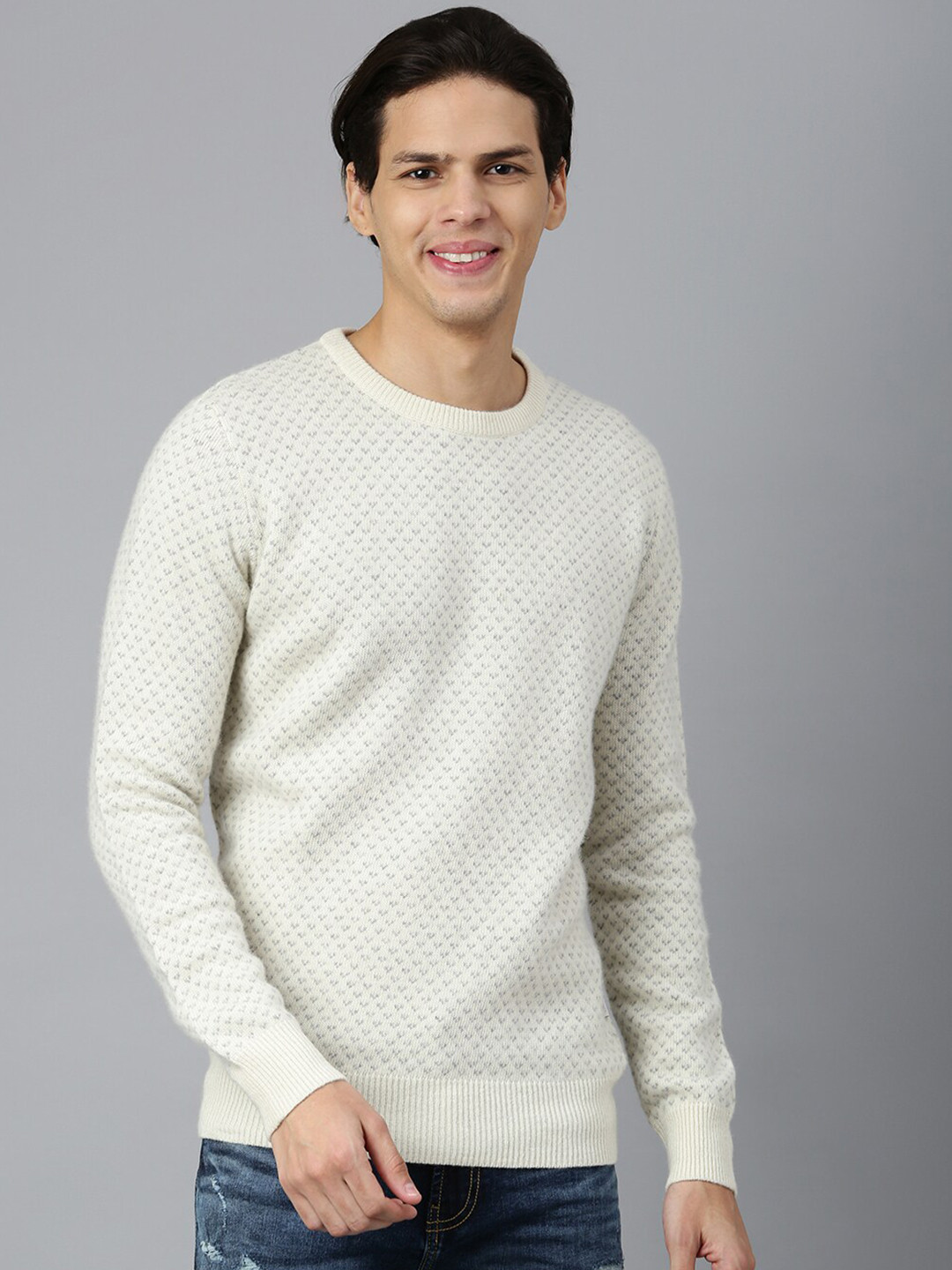 Woodland Men Cream-Coloured Printed Wool Pullover