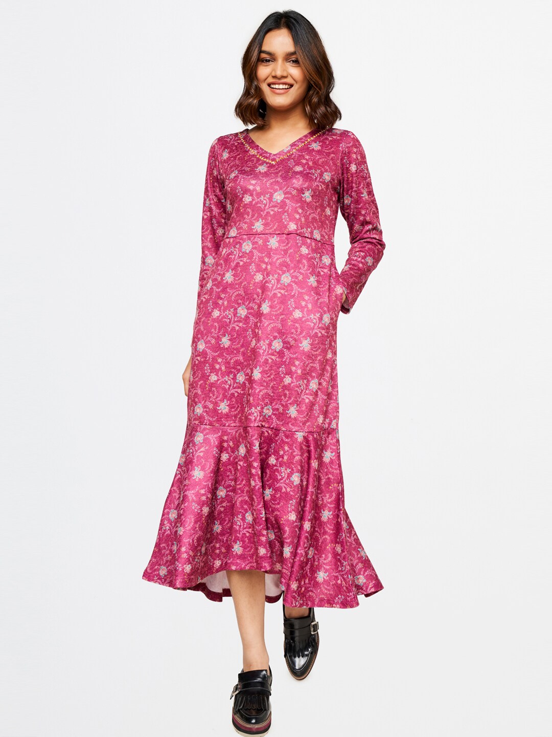 Global Desi Pink Floral Midi Dress