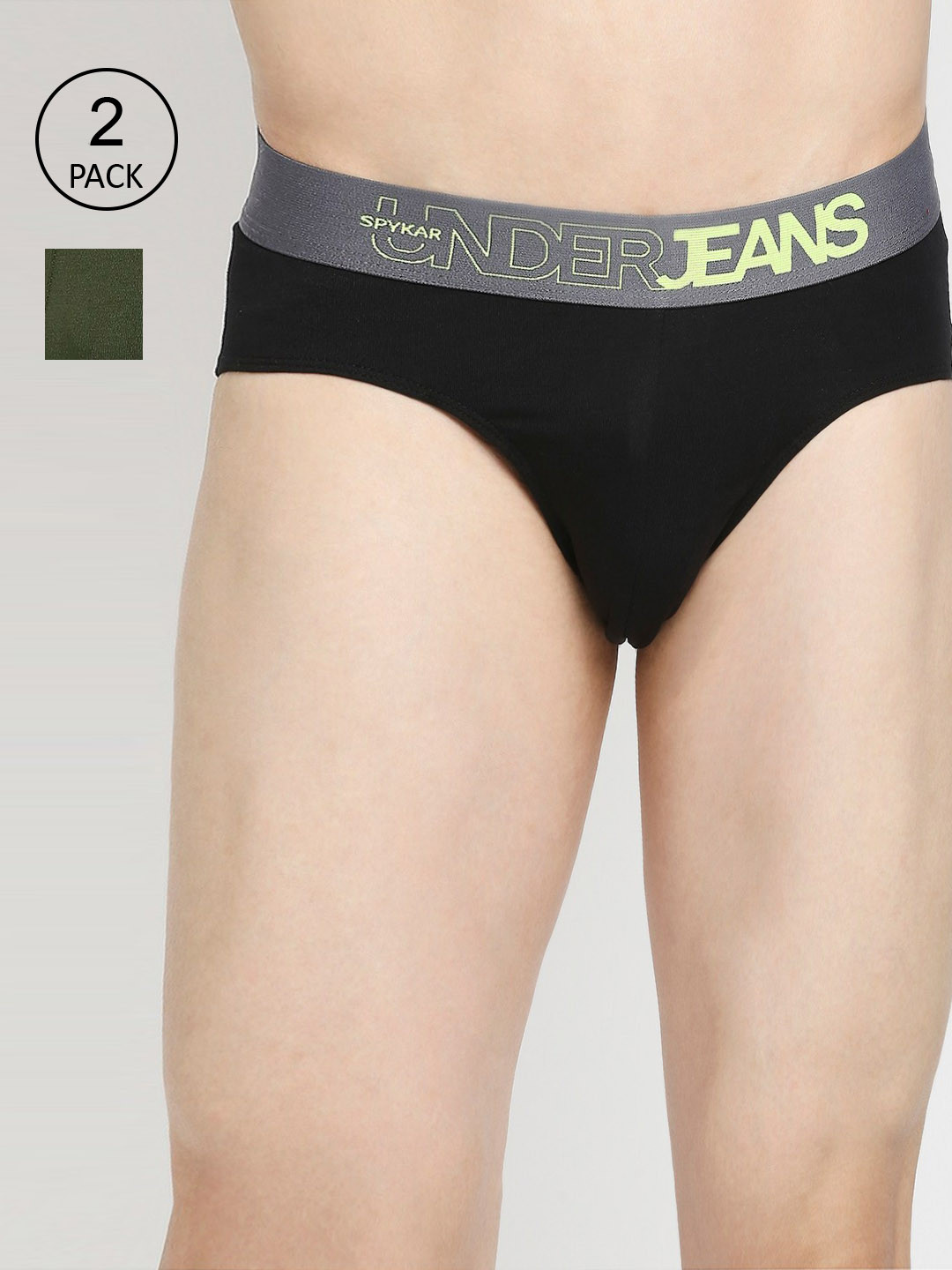 UnderJeans by Spykar Men Olive Green & Black Pack of 2 Solid Basic Briefs