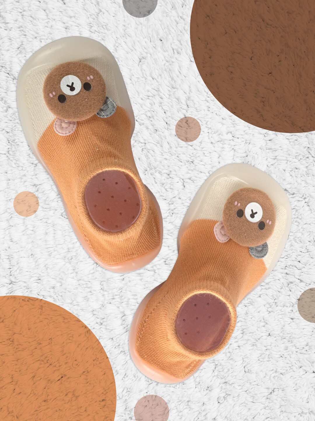 Yellow Bee Kids Orange Anti-Skid Rubber Sock Shoes with Bear Applique