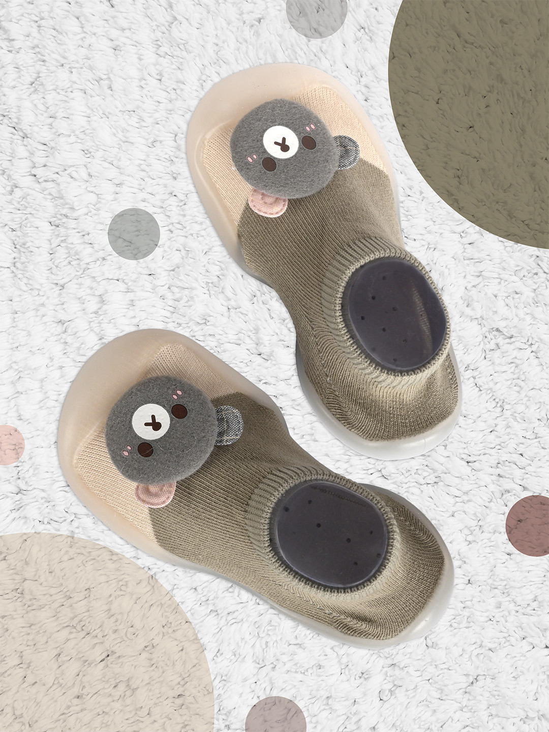 Yellow Bee Boys Beige & Olive Bear Patterned Ankle Length Shoe Socks