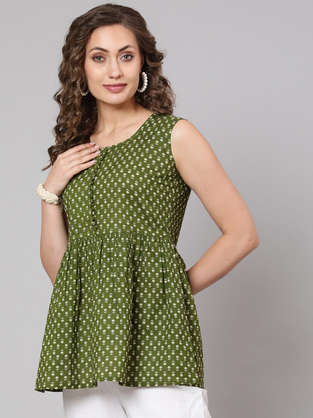 antaran Green & Off White Cotton Printed Tunic