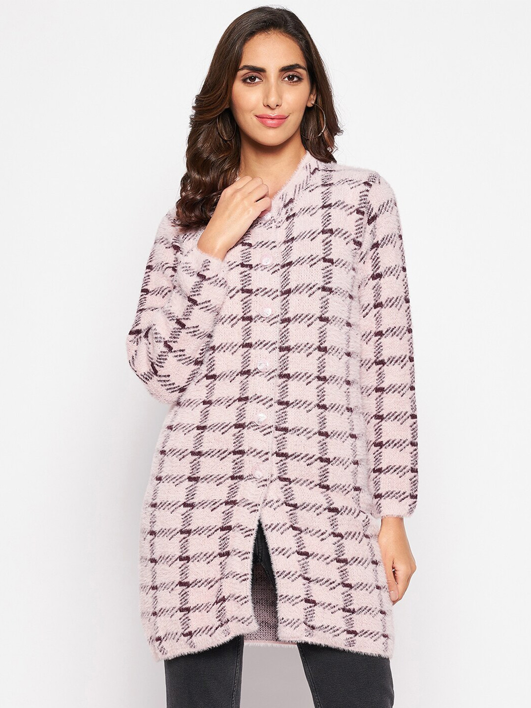 Cantabil Women Pink & Purple Checked Checked Longline Cotton Cardigan