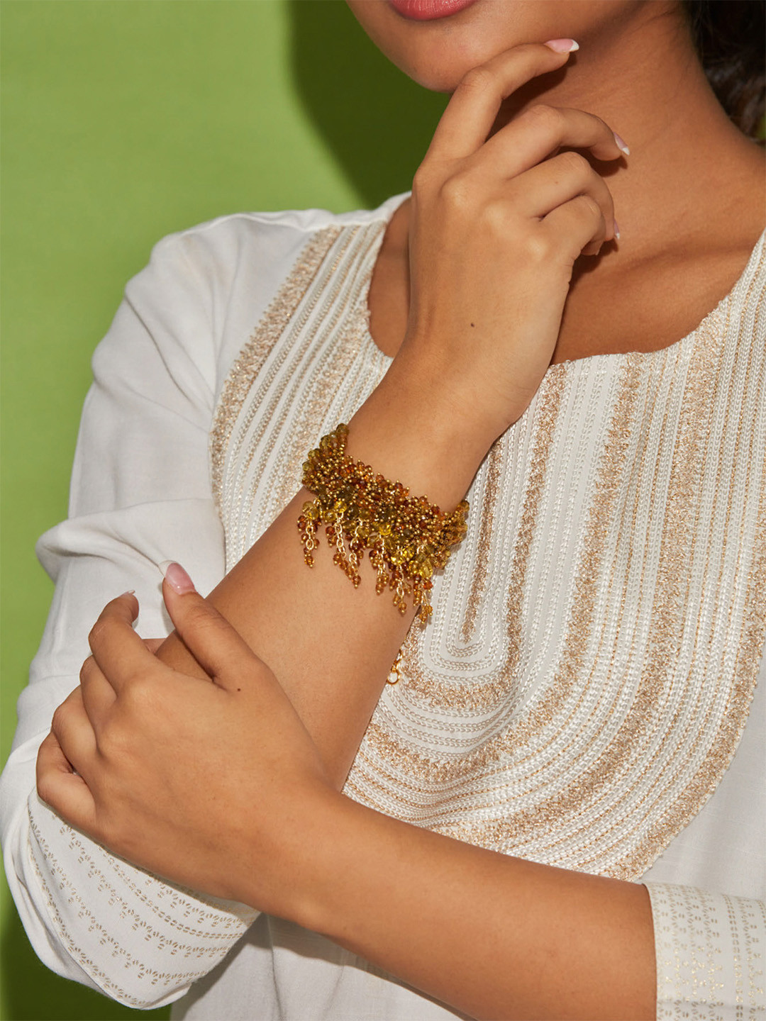 D'oro Women Yellow Artificial Beads Gold-Plated Link Bracelet