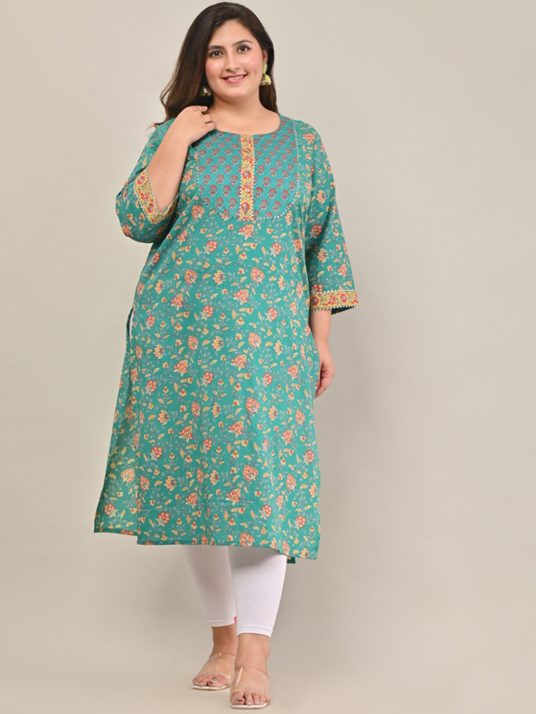 Swasti Plus Size Floral Printed Pure Cotton Gotta Patti Kurta