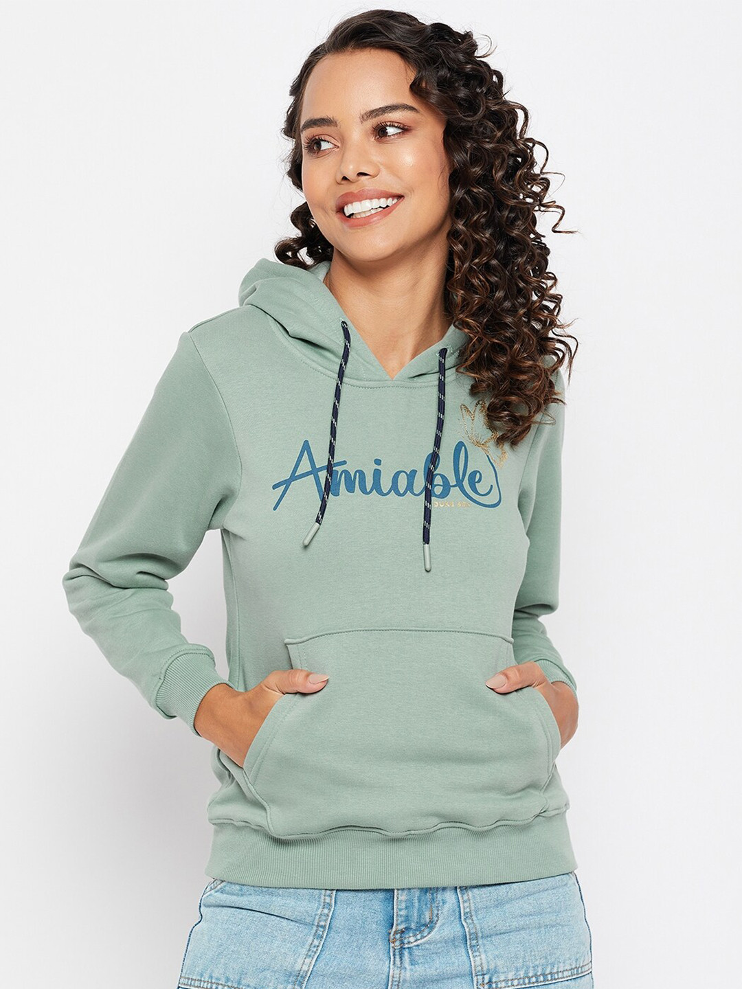 Duke Women Green Printed Alphanumeric Hooded Fleece Sweatshirt