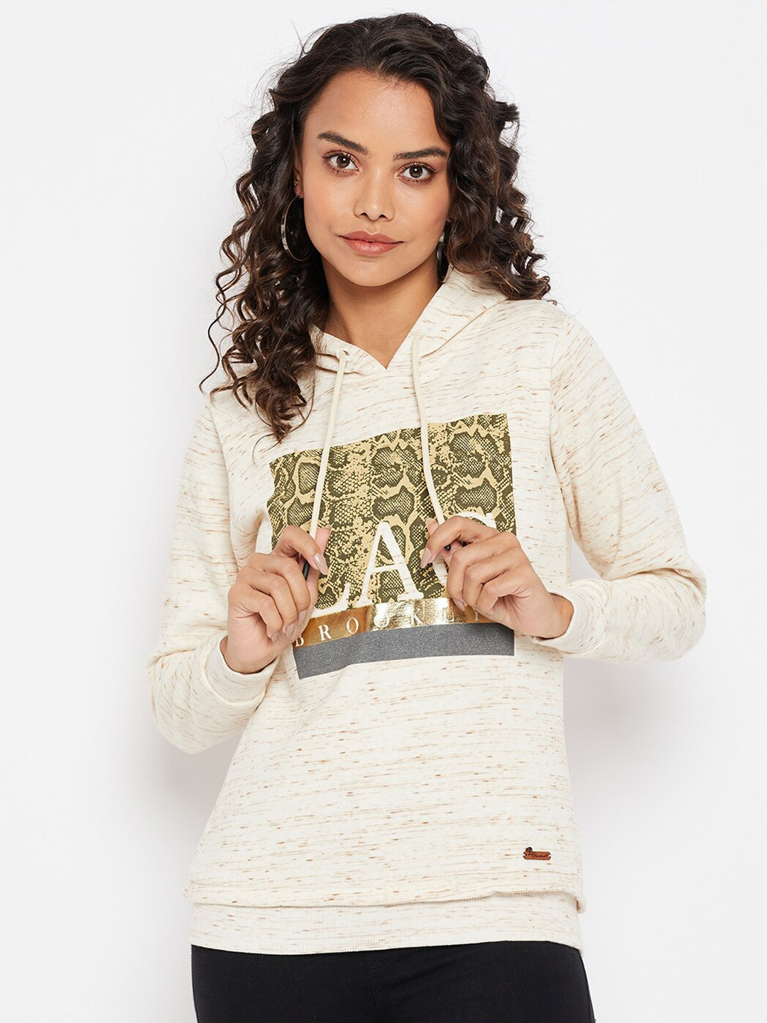 Duke Women Beige Printed Graphic Hooded Sweatshirt