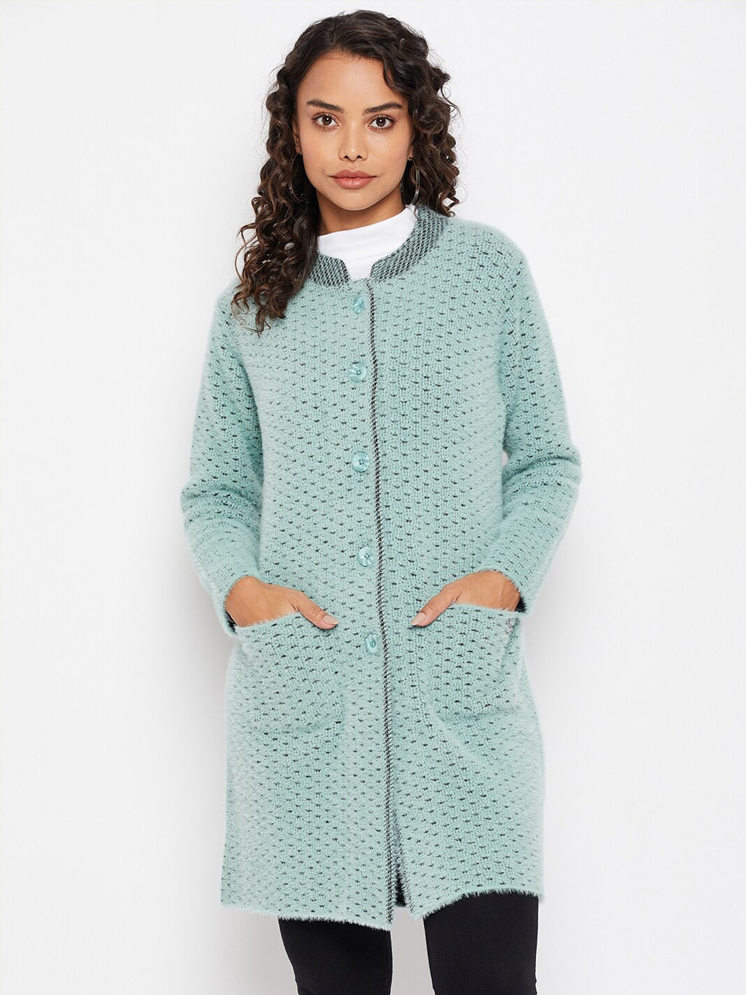 Duke Women Green & Grey Cable Knit Longline Wool Cardigan