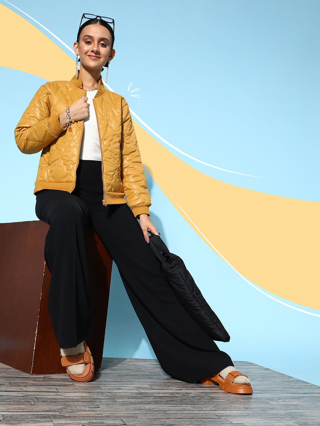 SASSAFRAS Women Mustard Quilted Mock Collar Jacket