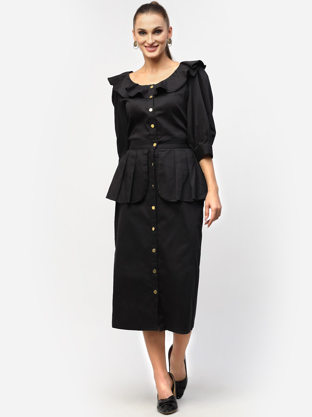BLANC9 Women Black Solid Pure Cotton Top & Skirt Co-Ord Set