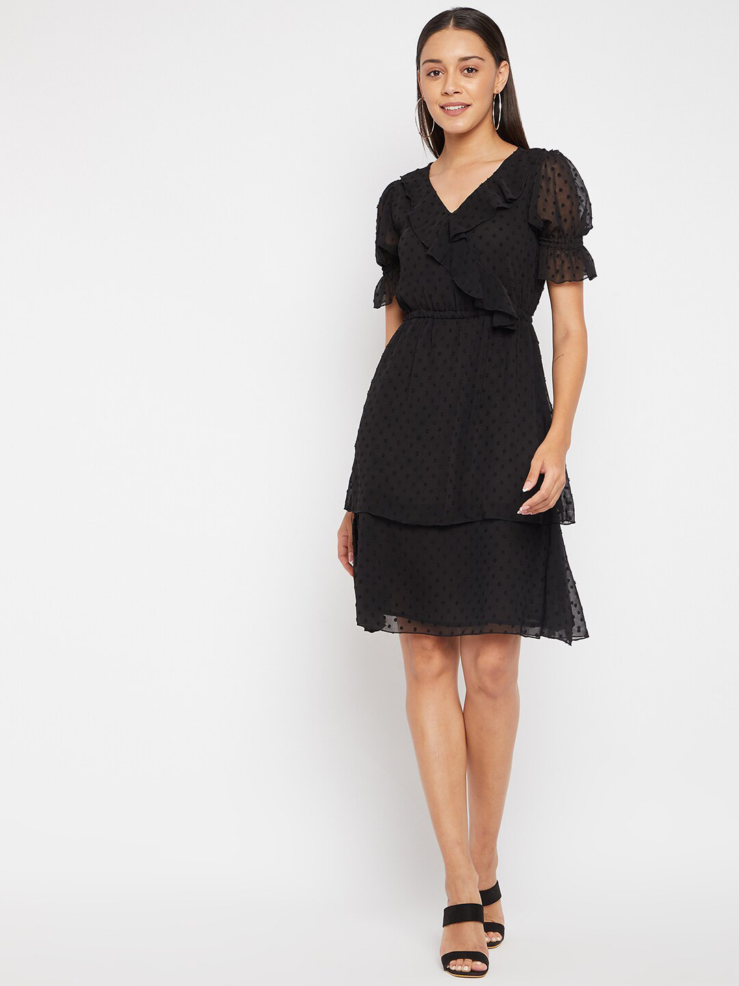 PANIT Black Self Design Short Dress